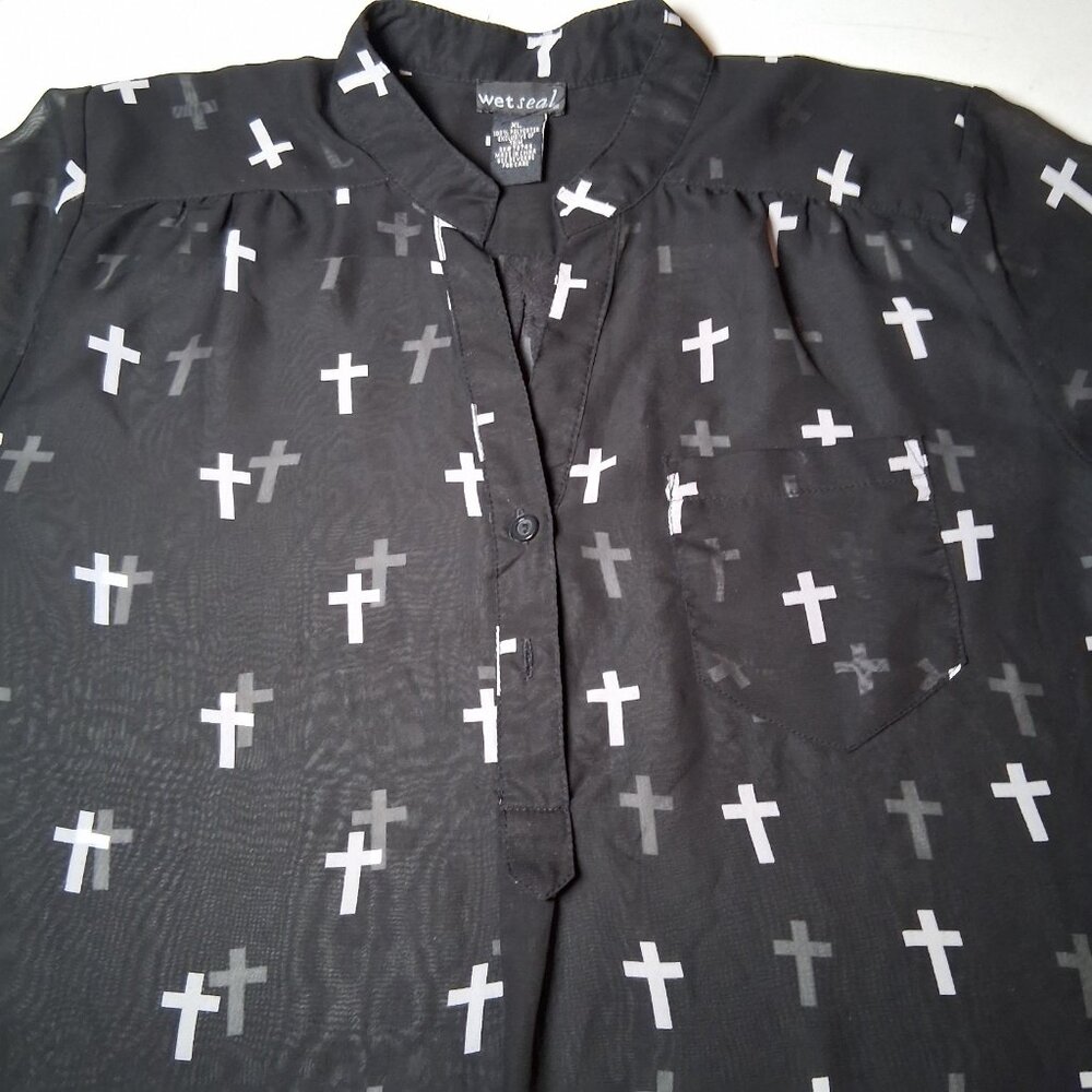 Wet Seal Holy Cross Blouse XL Black Sheer Roll Tab Sleeve Emo Goth Religious - Picture 6 of 14